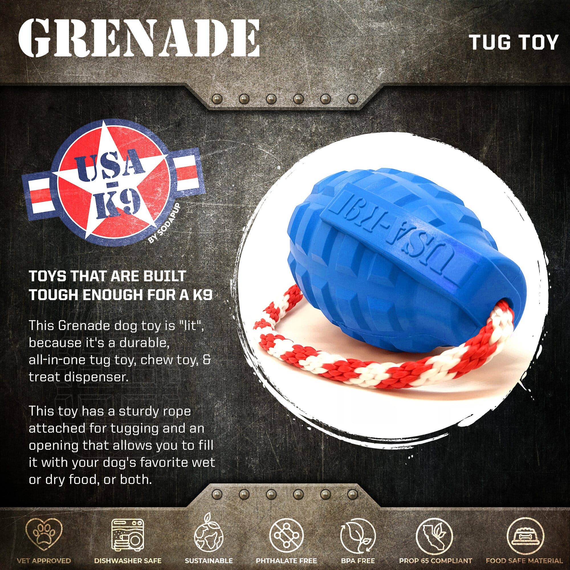 SodaPup Dog Toys - USA-K9 Grenade - Chew Toy - Reward Toy - Blue