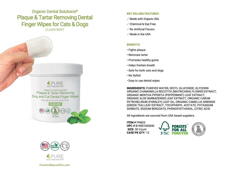 Pure and Natural Pet - Dental Wipes for Cats and Dogs