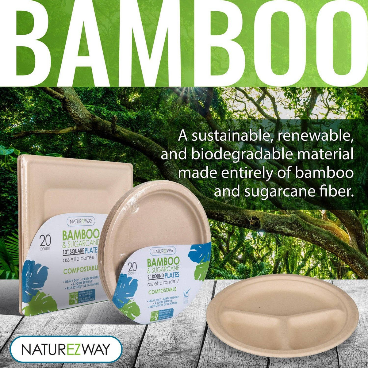 NatureZway - 20 PACK, 9" Bamboo & Sugarcane Compostable Round Plates