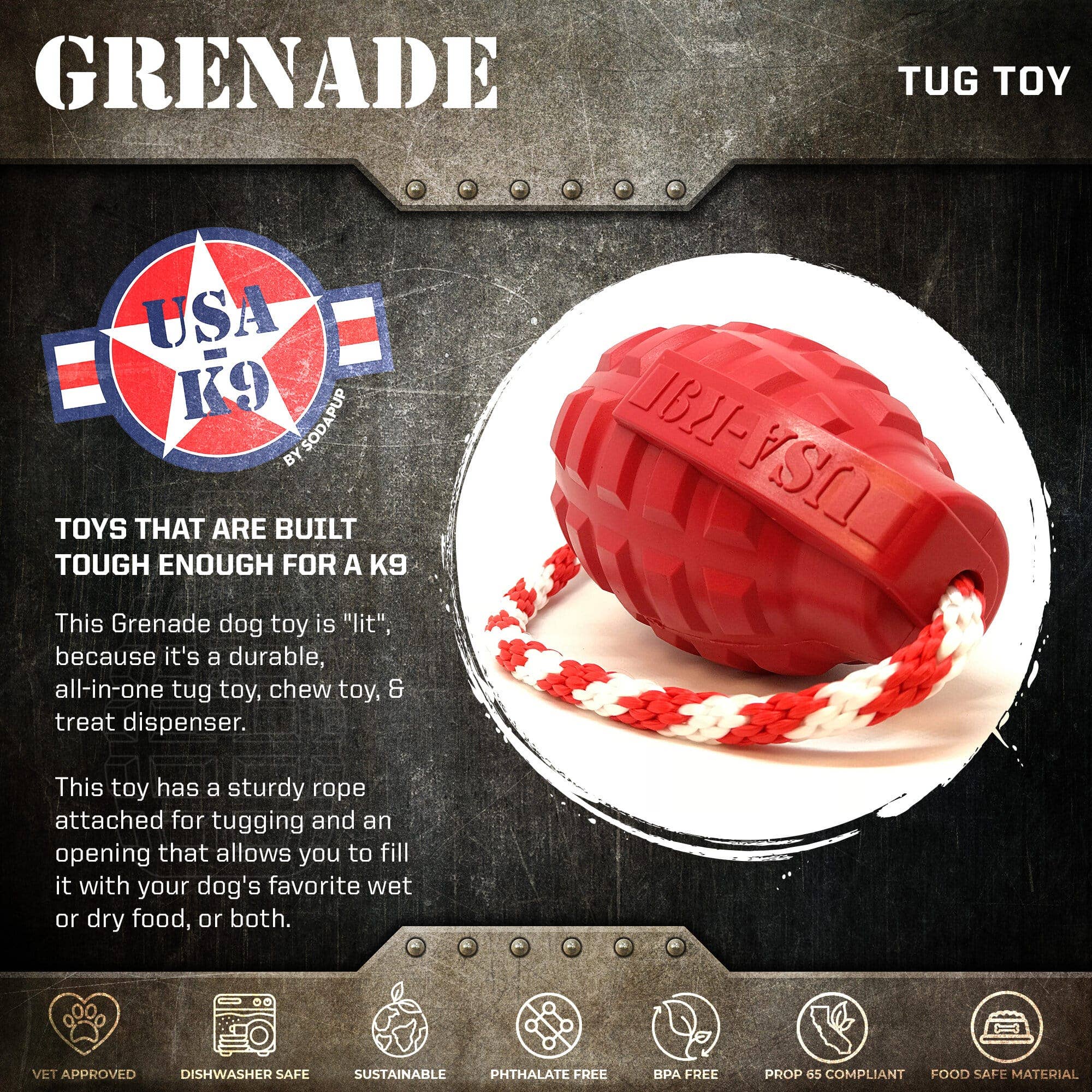 SodaPup Dog Toys - USA-K9 Grenade - Chew Toy - Reward Toy Red