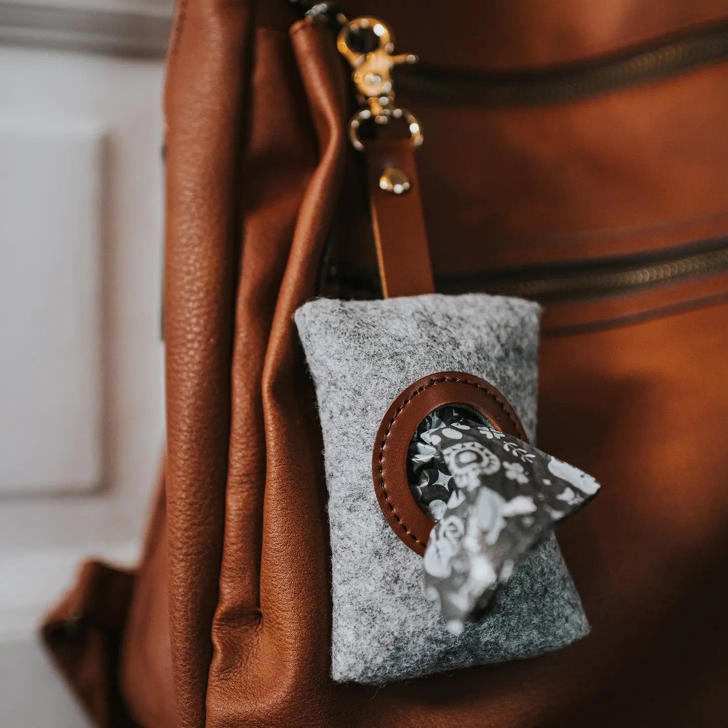 Modern Gray Felt & Vegan Leather Waste Pouch Travel (poop bag dispenser)