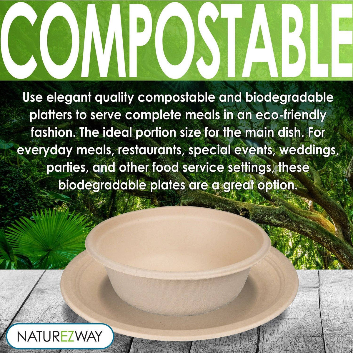 NatureZway - 20 PACK, 9" Bamboo & Sugarcane Compostable Round Plates