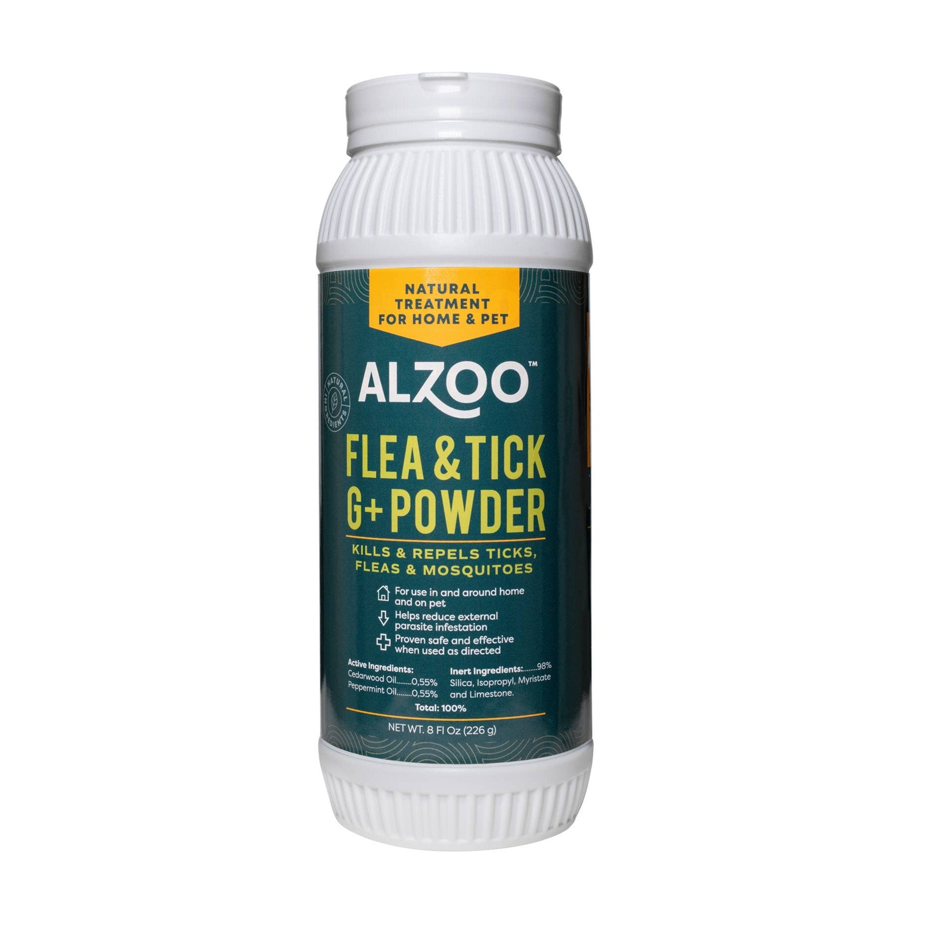 Bottle of flea and tick powder on white background.
