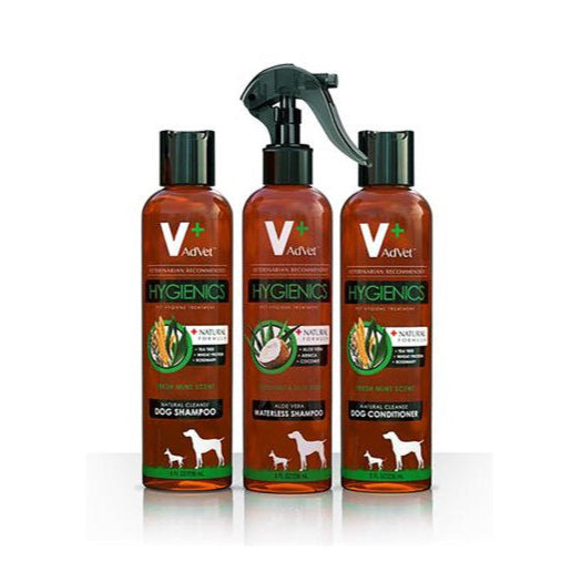 3 bottles of dog shampoo, waterless shampoo and conditioner.