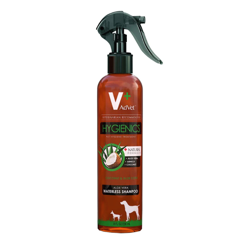 Spray bottle of waterless natural dog shampoo.