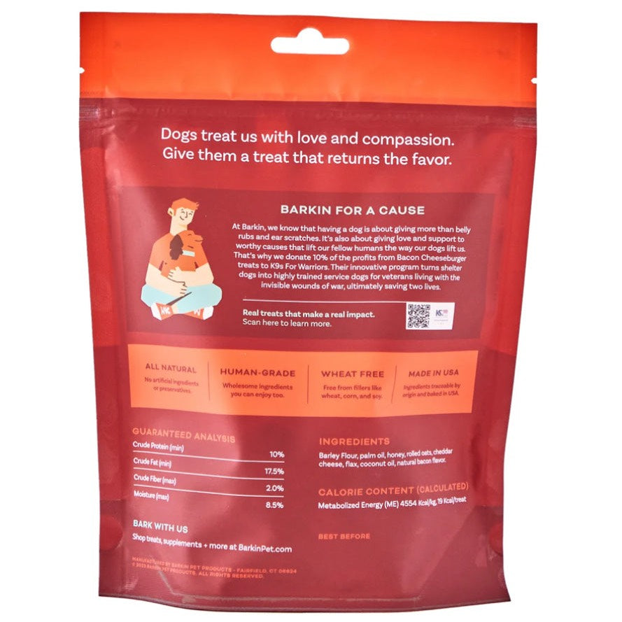 Back of orange and red packet of Barkin's bacon cheeseburger dog treats.