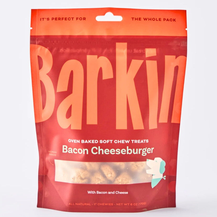 Orange and red packet of Barkin's bacon cheeseburger dog treats.