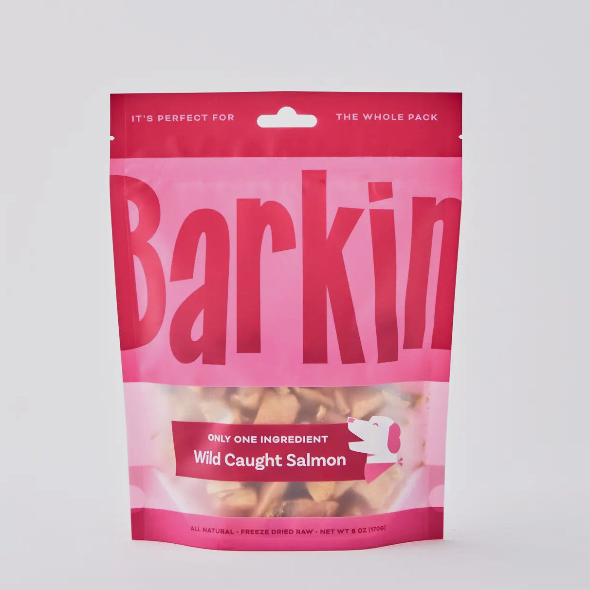 Pink pouch of wild caught salmon dog treats.