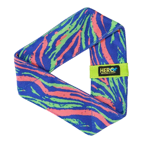 A multi-color, triangle-shaped dog toy made of durable fire hose material.