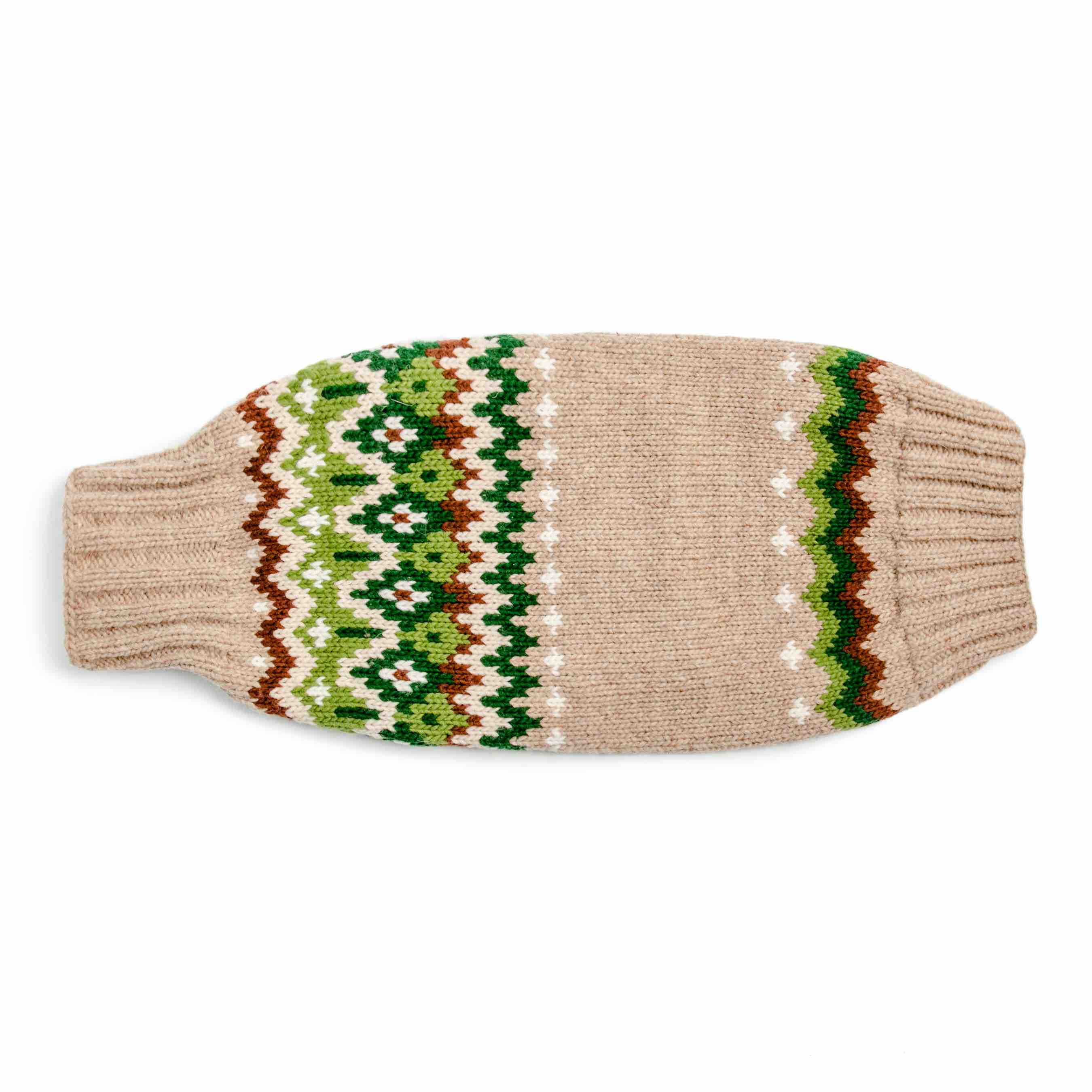 Knitted dog sweater with a green and rust pattern on a white background.