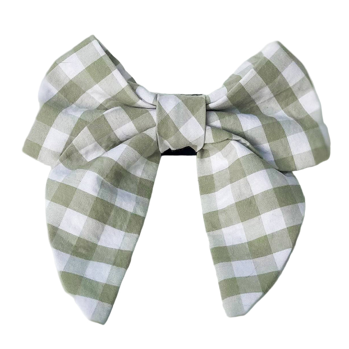Sage green gingham dog bow with tails on a white background.