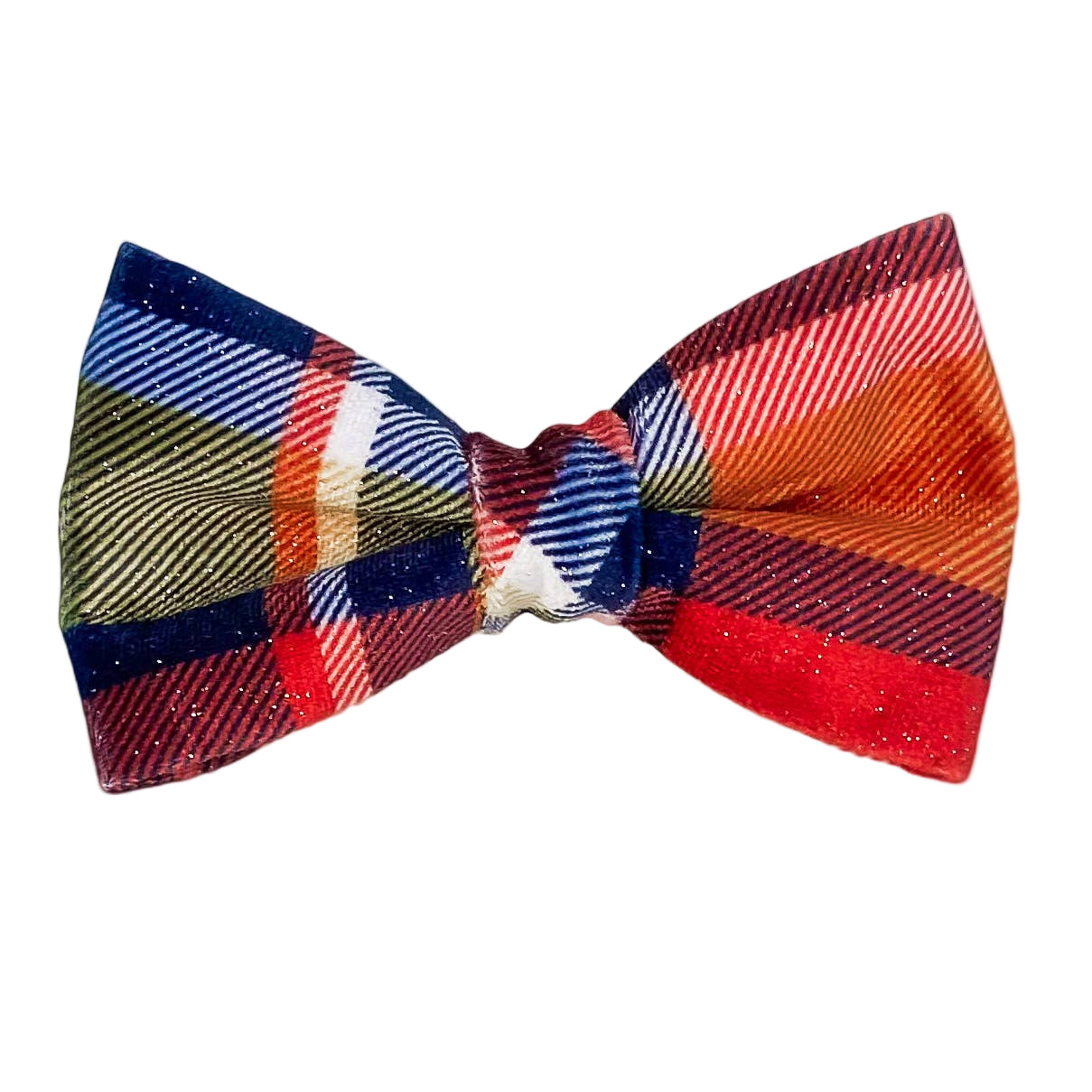 Blue and orange plaid dog bow tie on a white background.
