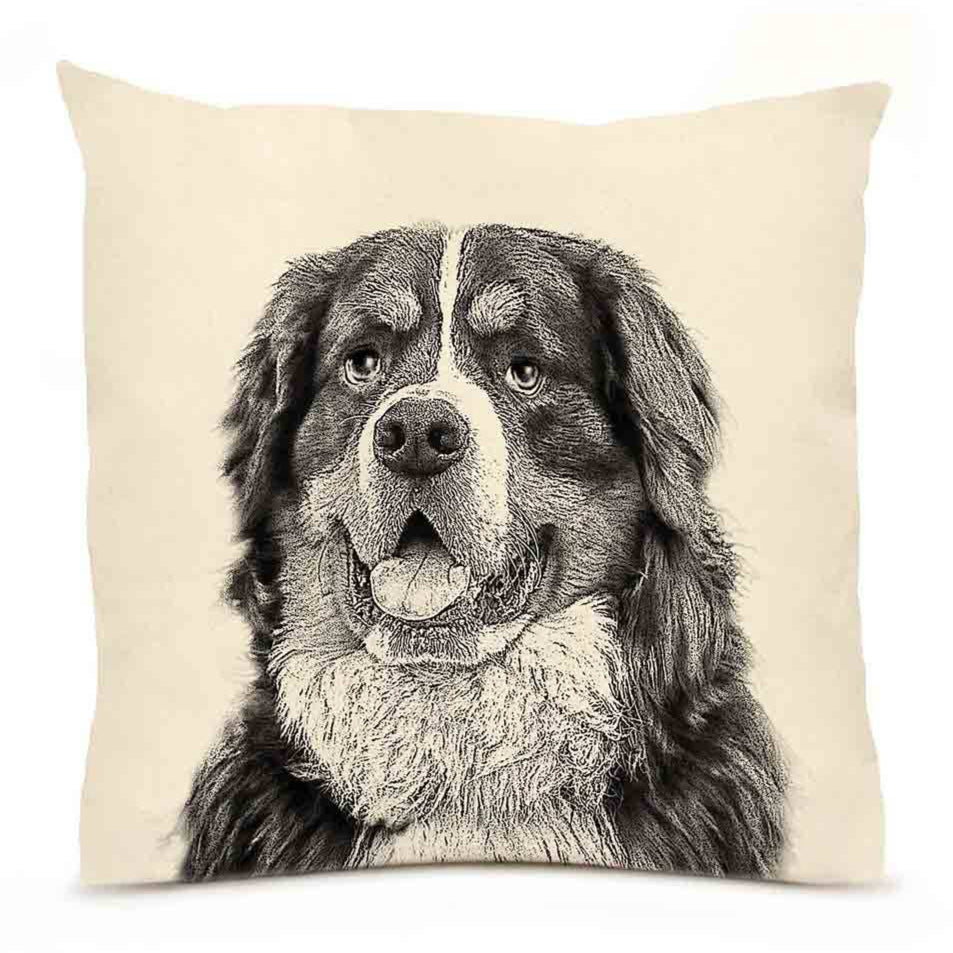 A square, canvas-colored pillow with a monochrome print of a Bernese Mountain Dog.