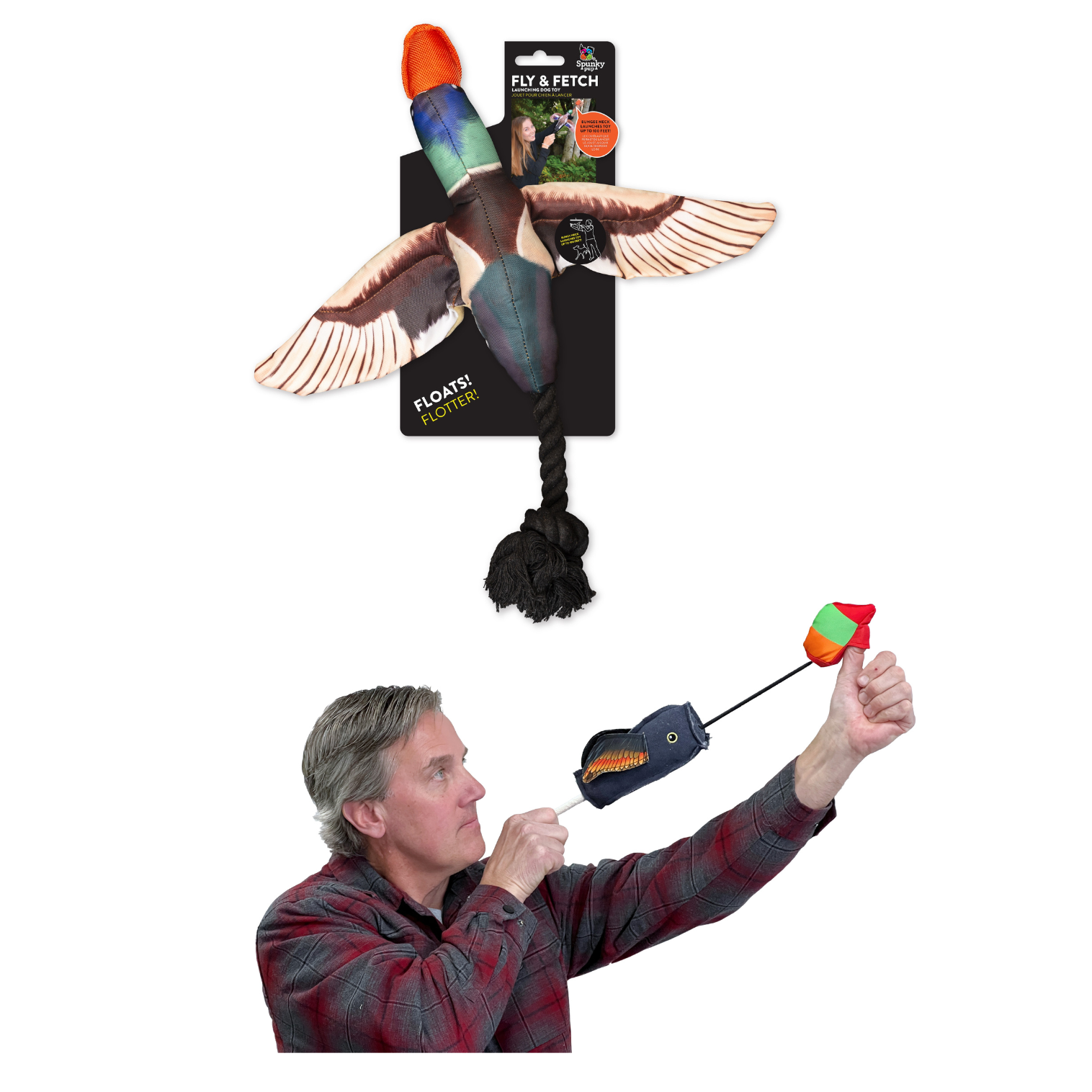 A man demonstrating how to launch the duck fetch toy.