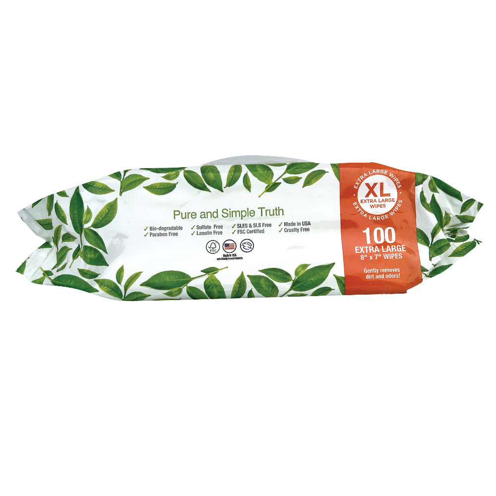 Package of Pure and Simple Truth wipes with green leaf design on a white background.