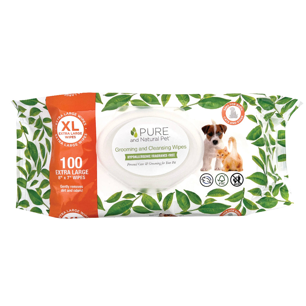 Package of Pure and Natural Pet grooming and cleaning wipes with a dog and cat on the label.