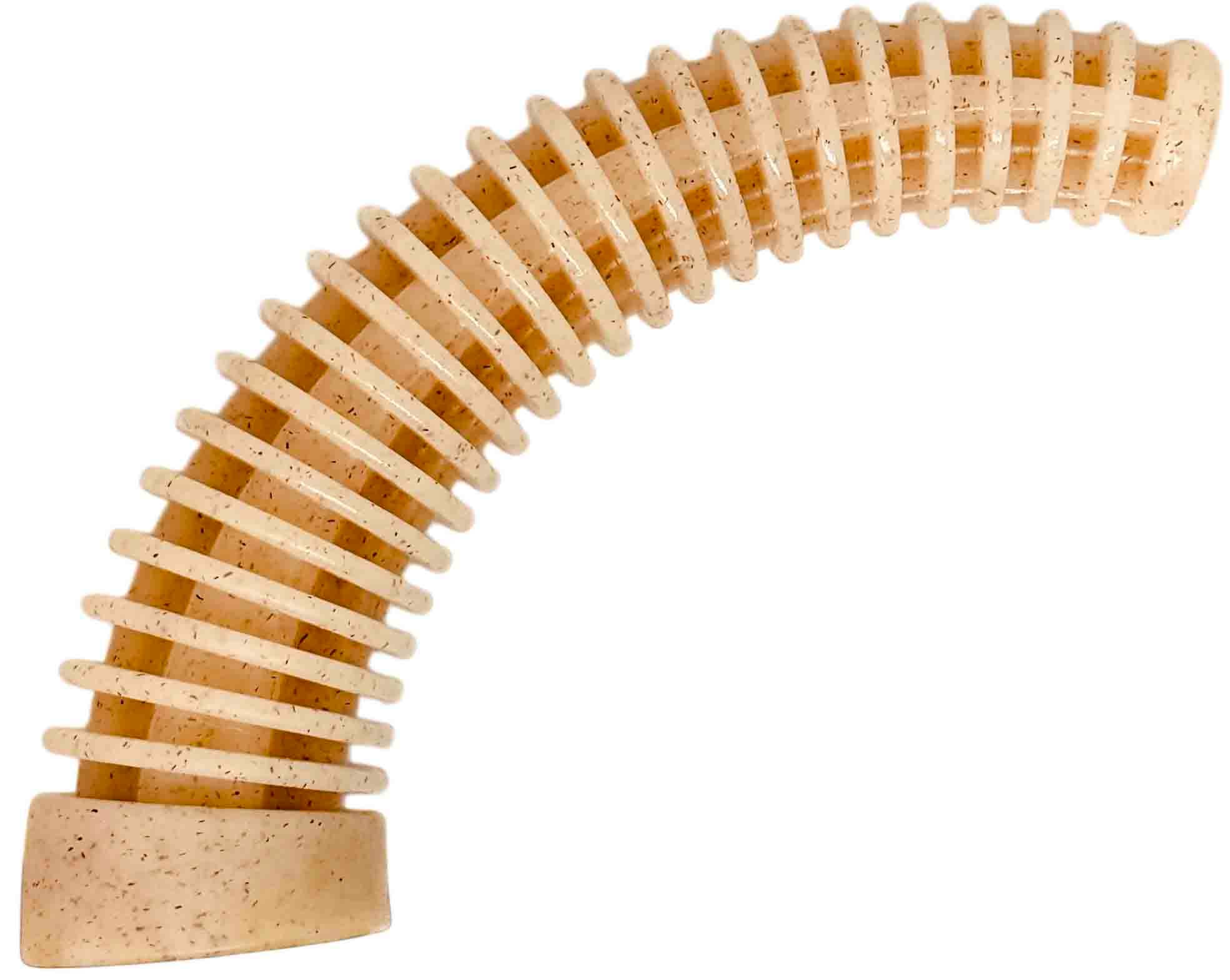 A beige, antler-shaped dog chew toy with ridges across it's length for added stimulation or for spreading soft treats like peanut butter.
