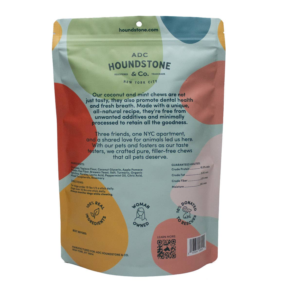 Back of a colorful packaging for ADC Houndstone dog dental chews with text and branding.