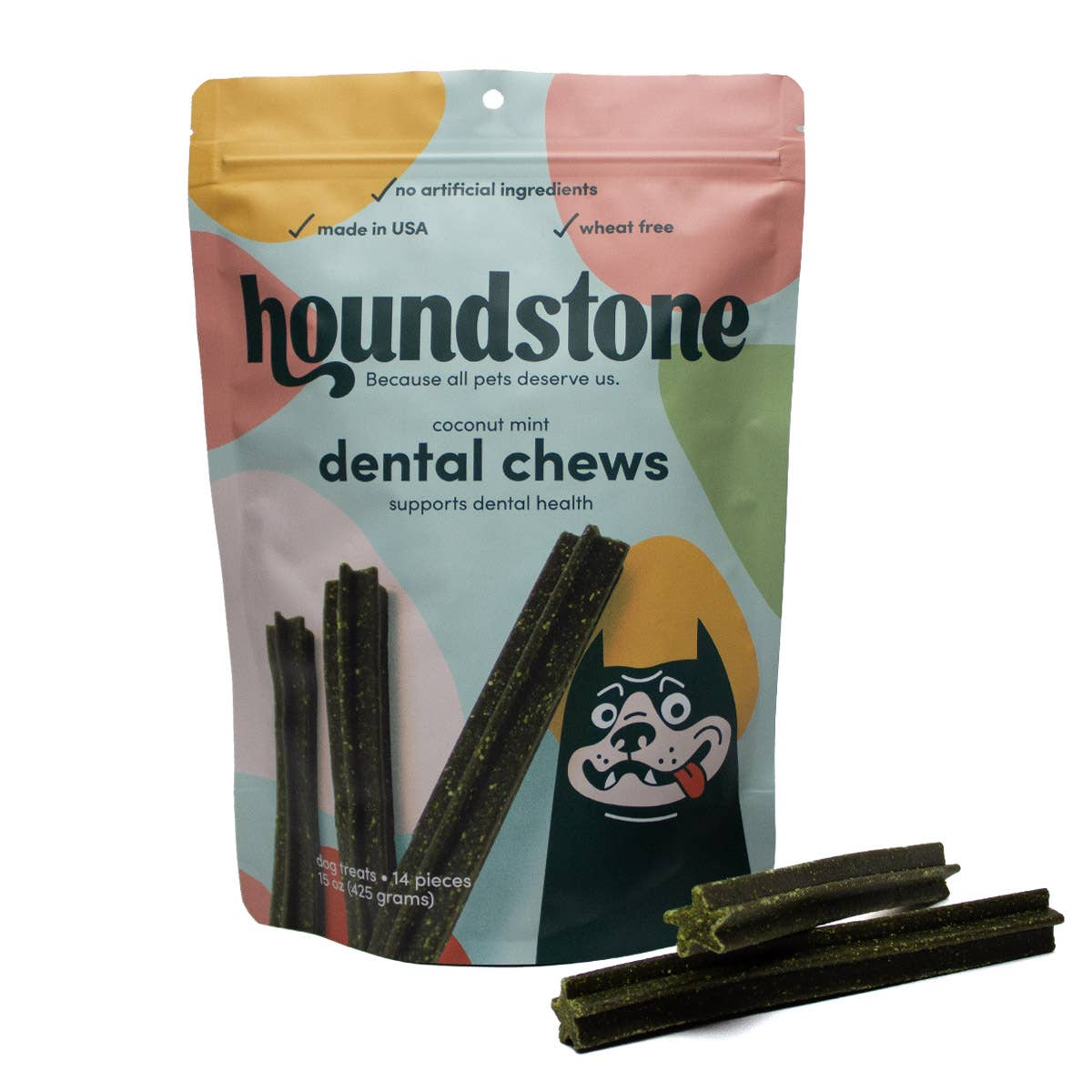 Packaging of houndstone dental chews with visible chews on a white background.