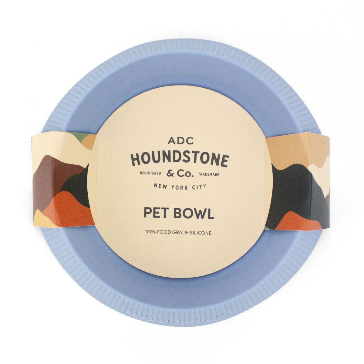 Blue skies silicone travel pet bowl on a white background.