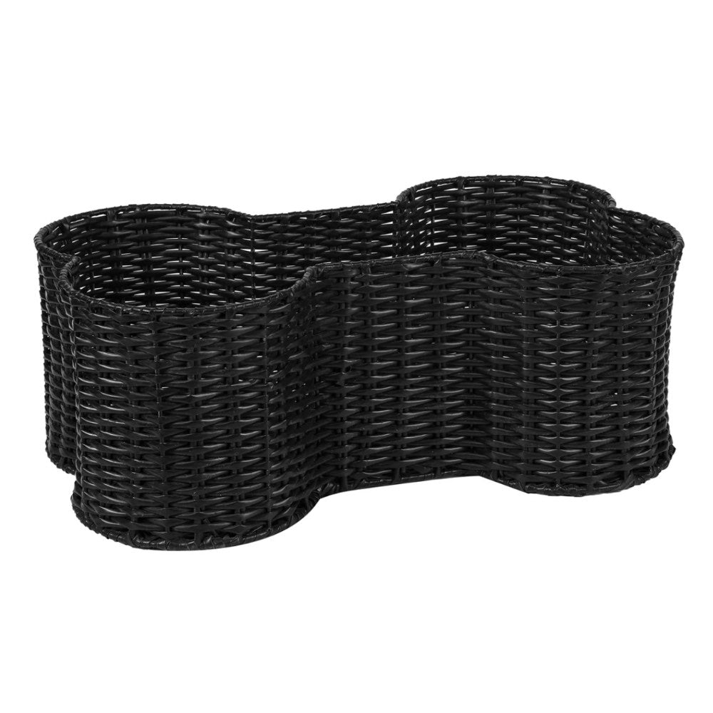 Black, woven, bone-shaped basket on a white background.