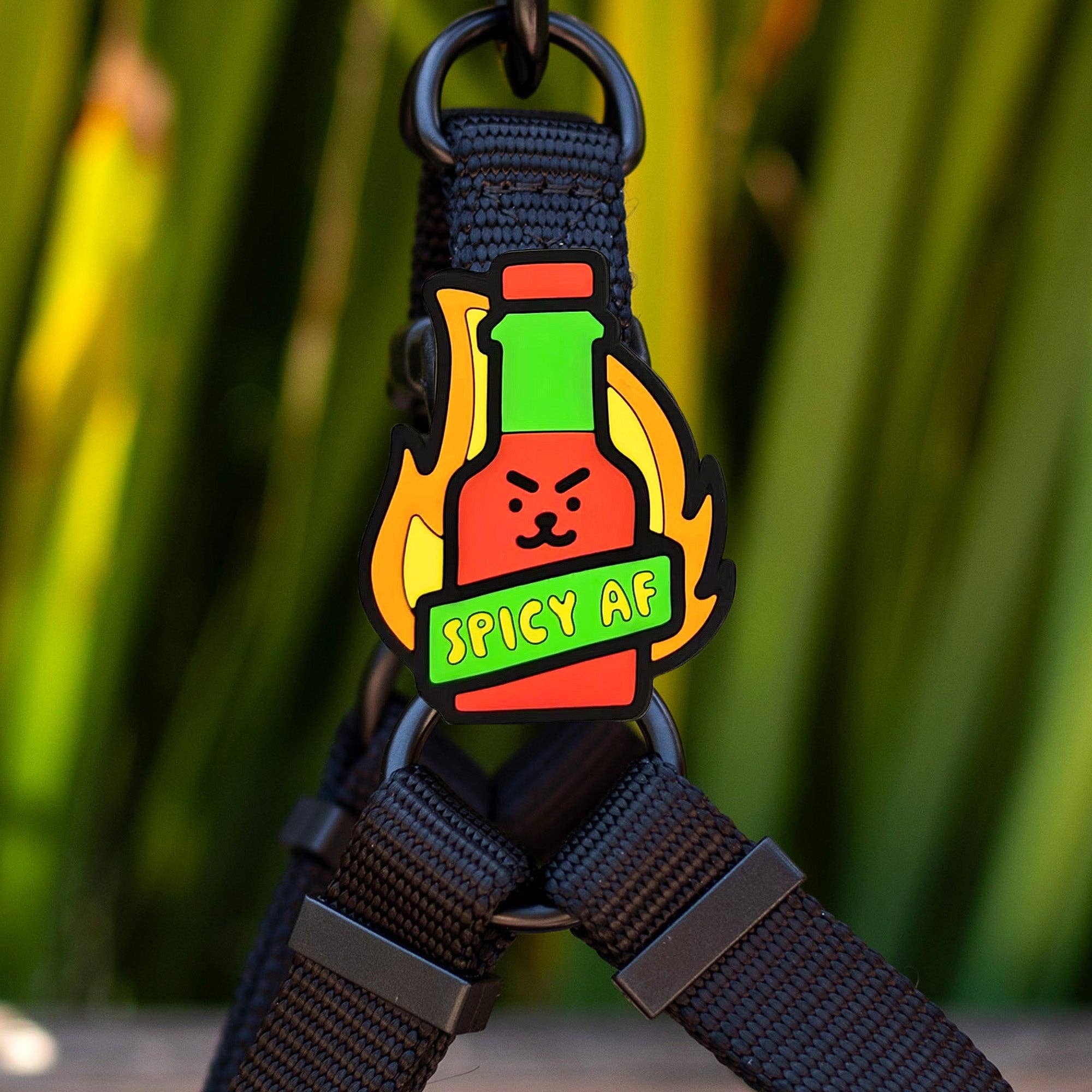 A silicone jiby with a cartoon hot sauce bottle over a flame background. "Spicy AF" is written in yellow on a green banner across the bottle.