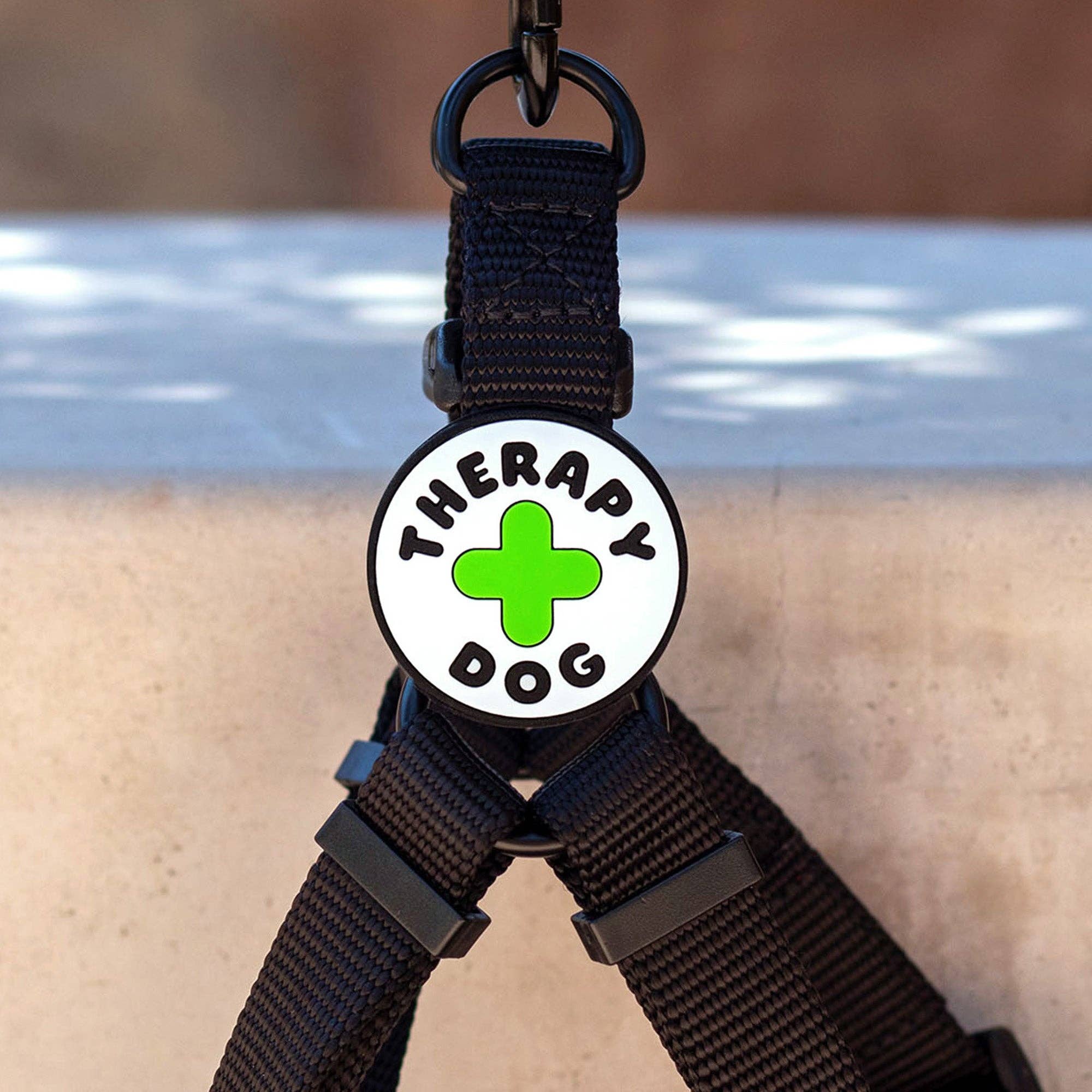 A round, silicon Jiby with a green cross and "therapy dog" text on a white background.