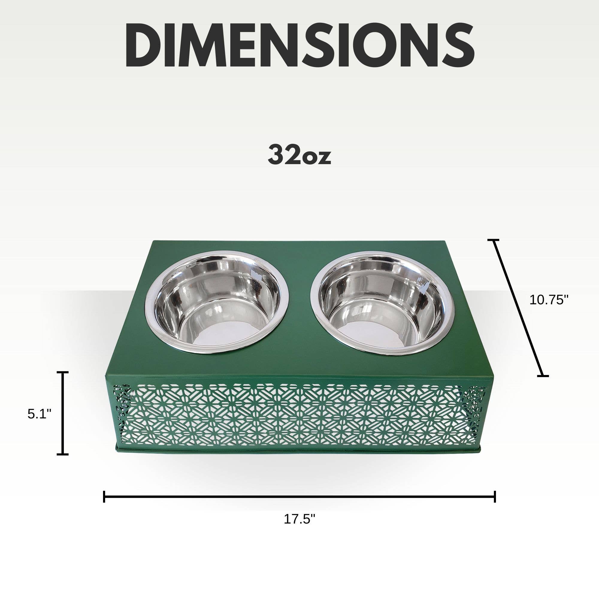 Pet feeding station with two bowls on a green base, showing dimensions.