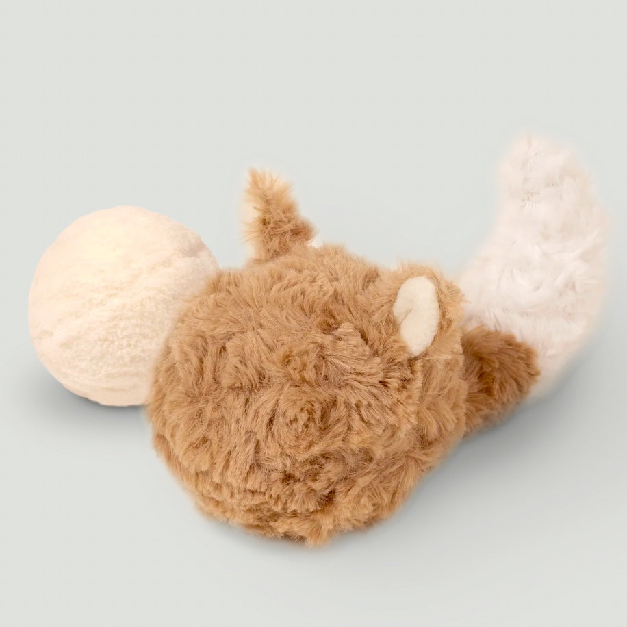Interactive dog toy resembling a fox with a ball on a light gray background.