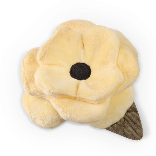 Plush squeaky snuffle dog toy shaped like a poppy on a white background