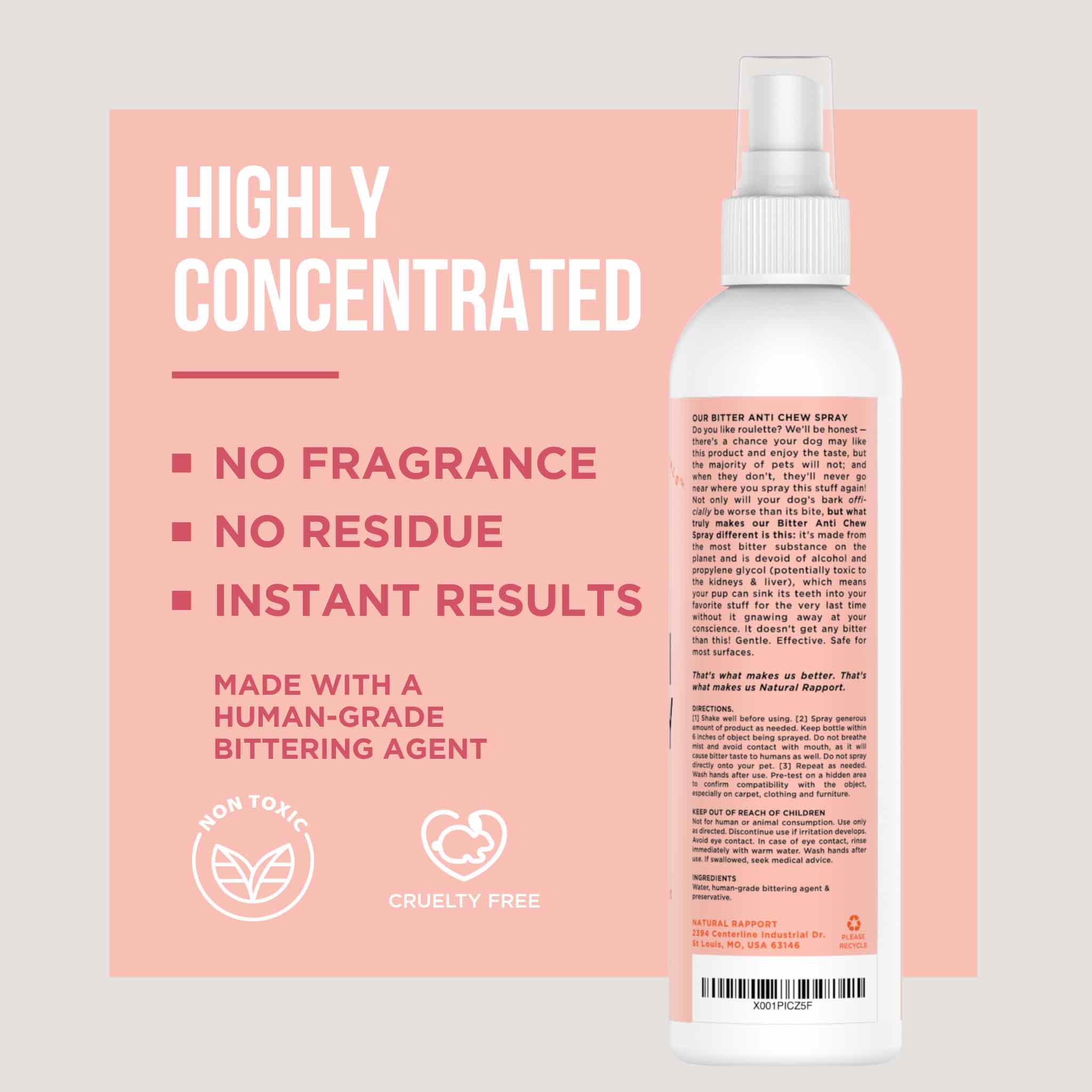 Bitter anti-chew spray bottle with product features on a pink background.