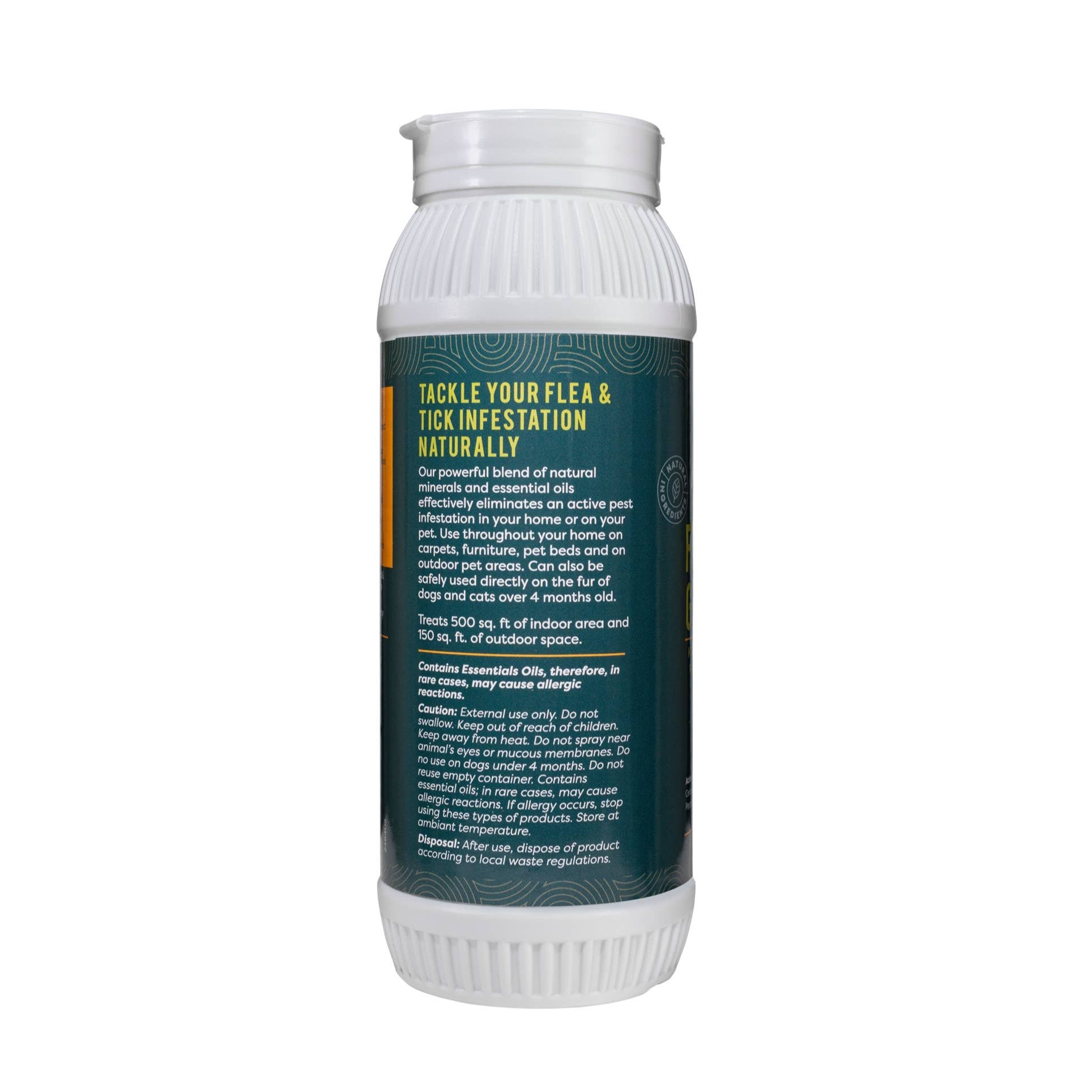 Side of flea and tick powder bottle with product info.