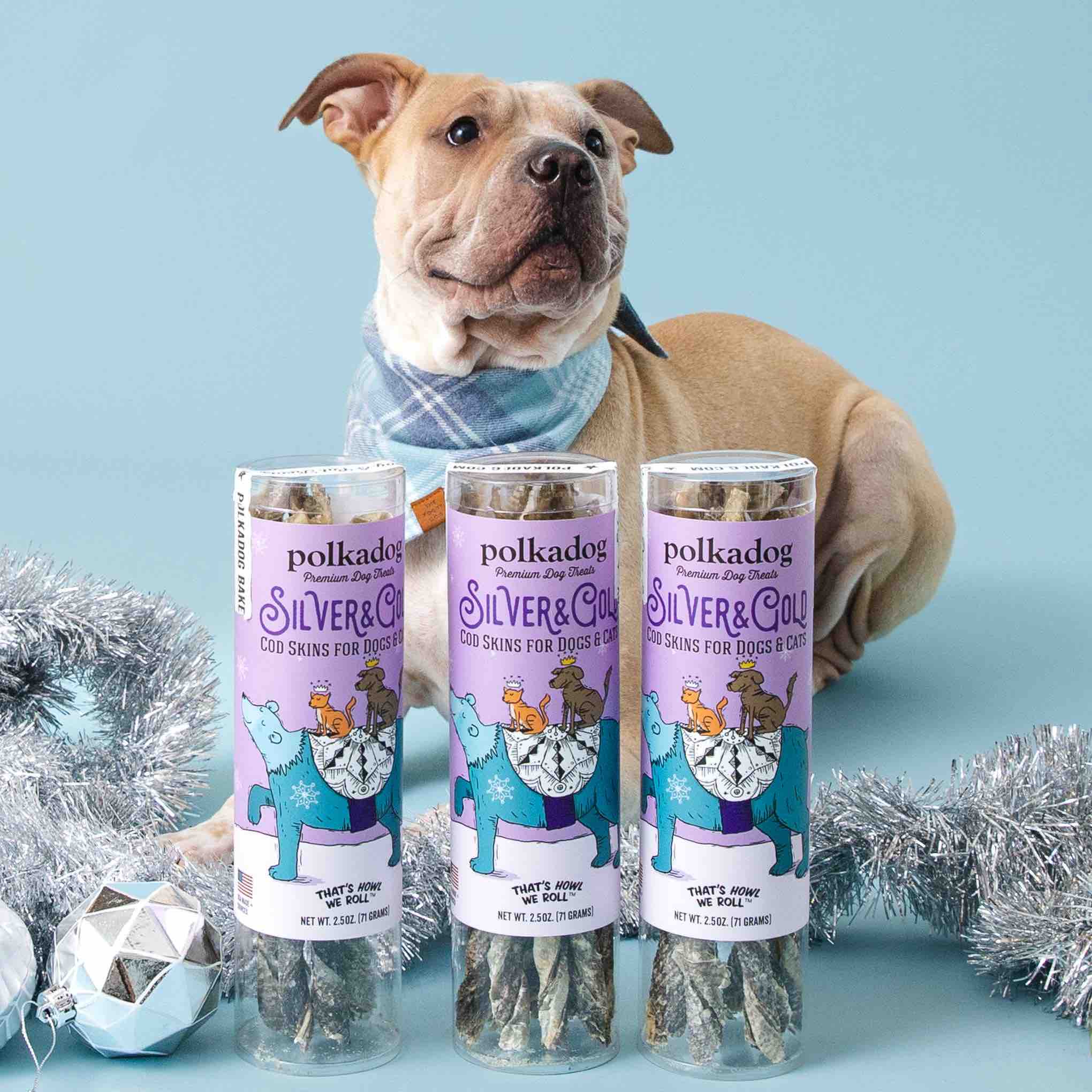Dog with three cannisters of 'Polkadog' cod skin dog treats on a blue background