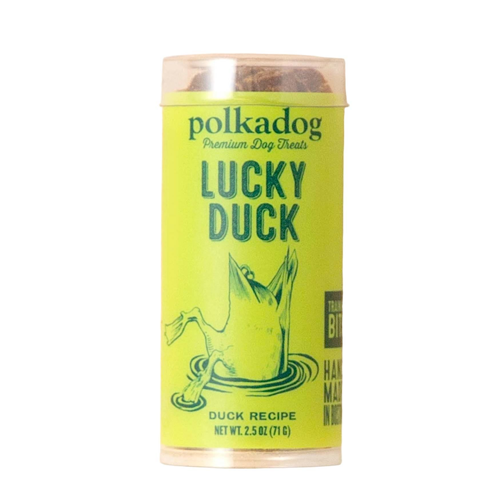 Polkadog Lucky Duck dog treat packaging on a white background.