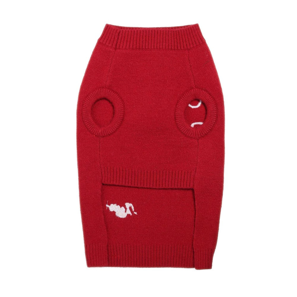 Photo of a red dog christmas sweater showing leg holes on a white background.