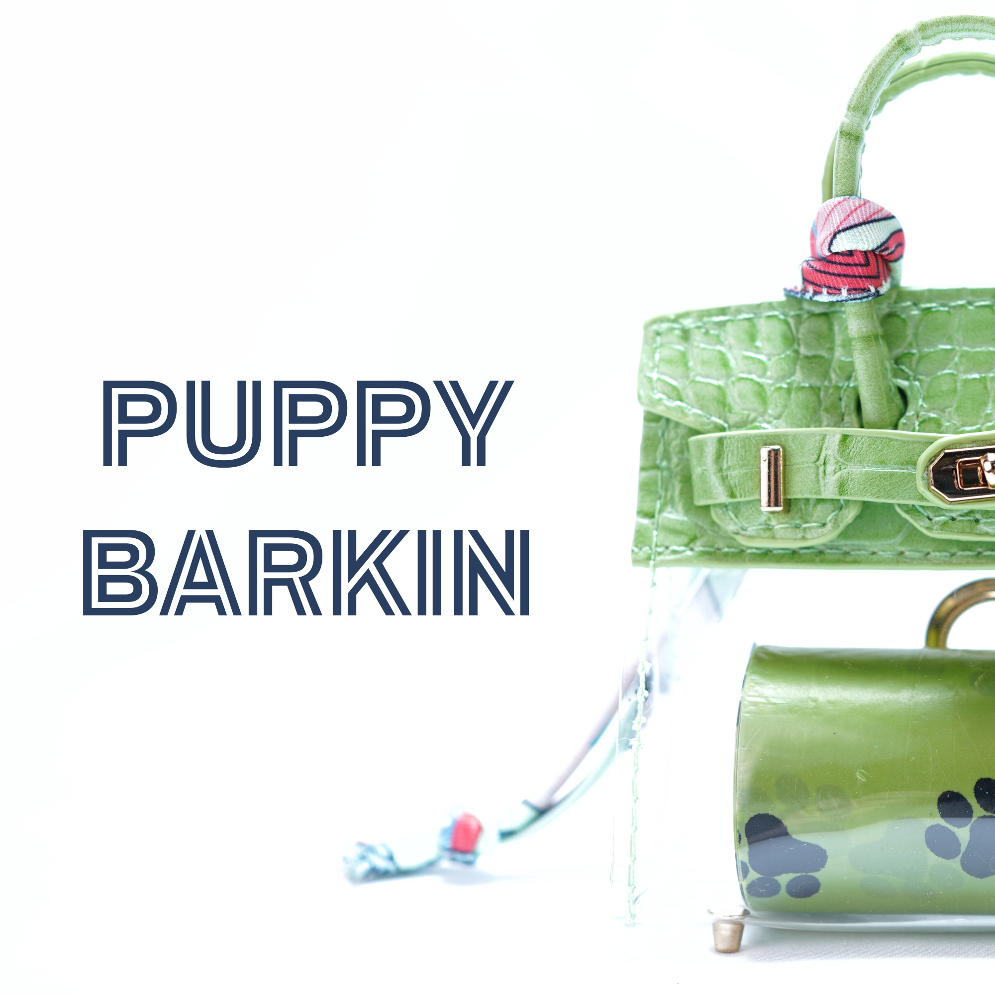 Green & clear handbag-shaped poop bag dispenser with colorful cord and "Puppy Barkin" branding on a white background.