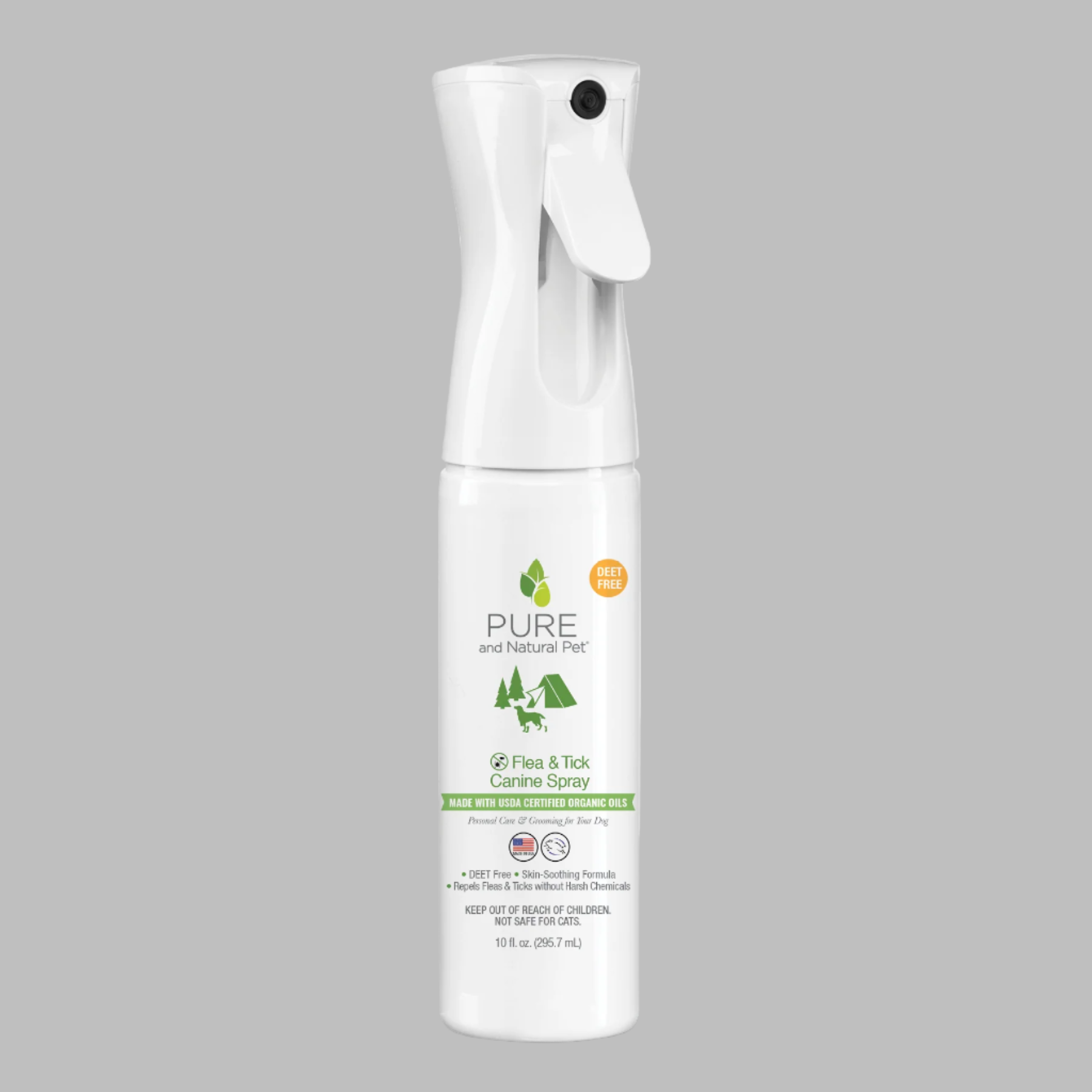 A white spray bottle of pure & natural flea and tick canine spray.