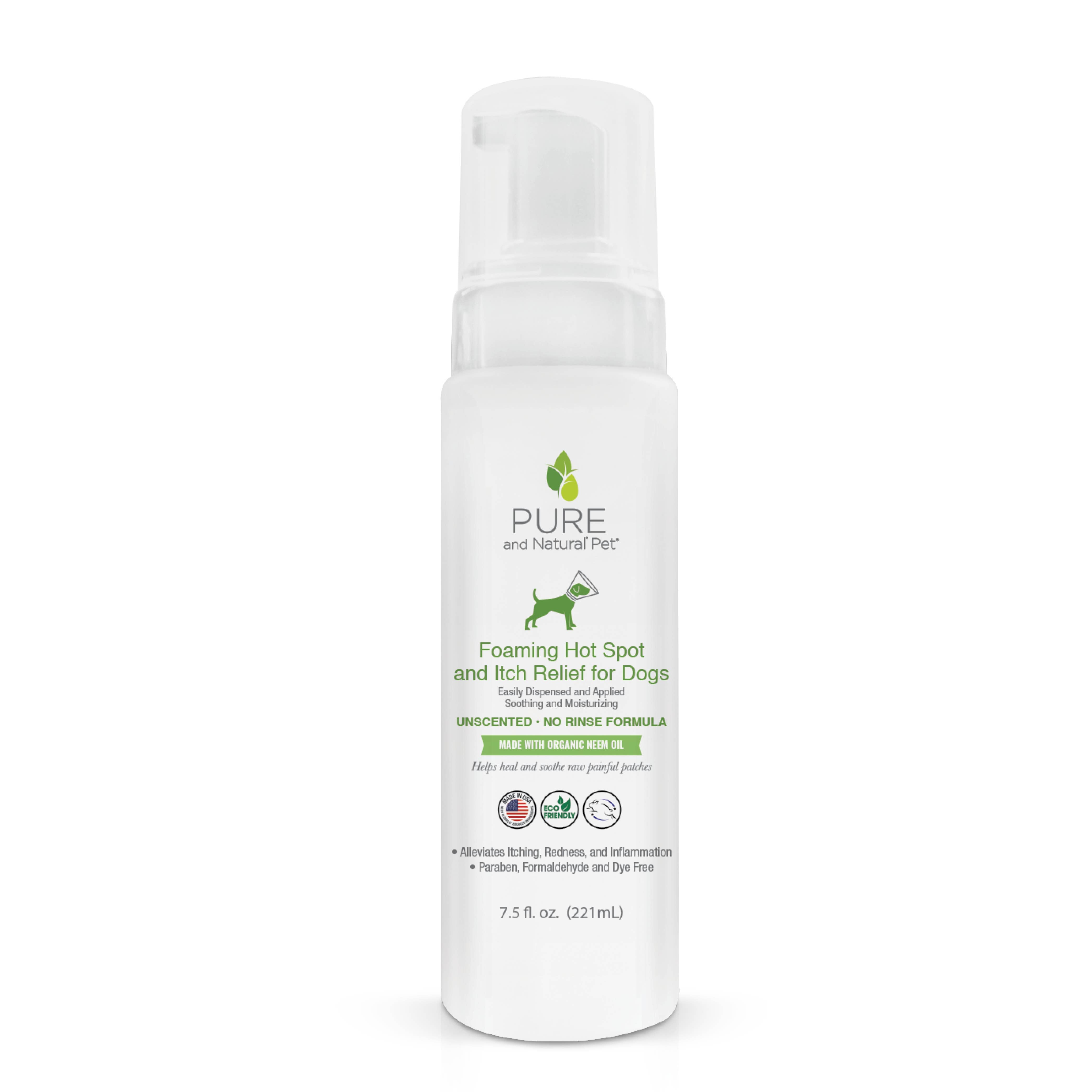 Foaming hot spot and itch relief for dogs by PURE and Nature Pet on a white background.