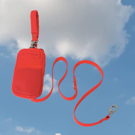 A red walk bag with dog leash on a sky background.