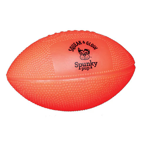 Orange dog toy with 'Spunky Pup' branding on a white background.