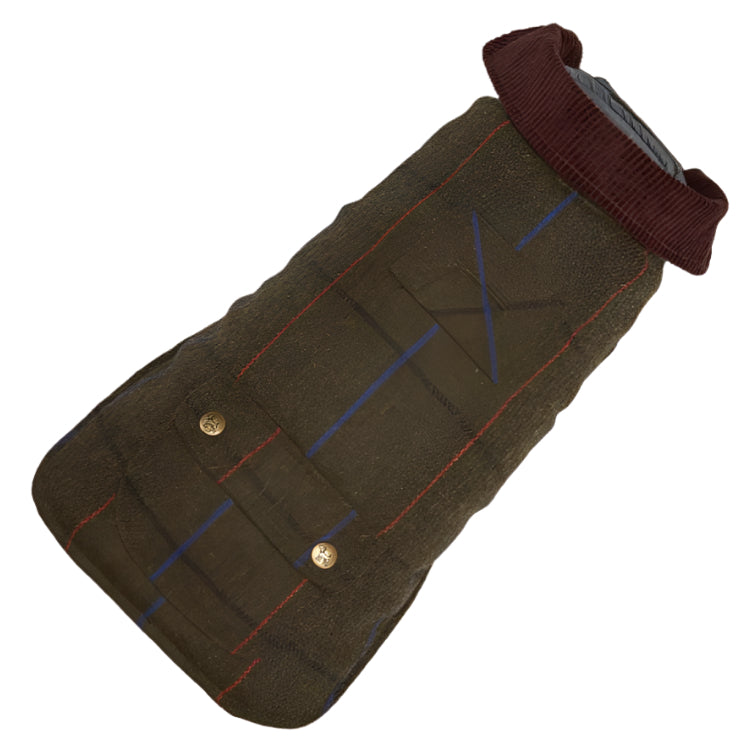 An olive green tweed dog coat with a few tasteful blue and orange stripes and a corduroy collar.