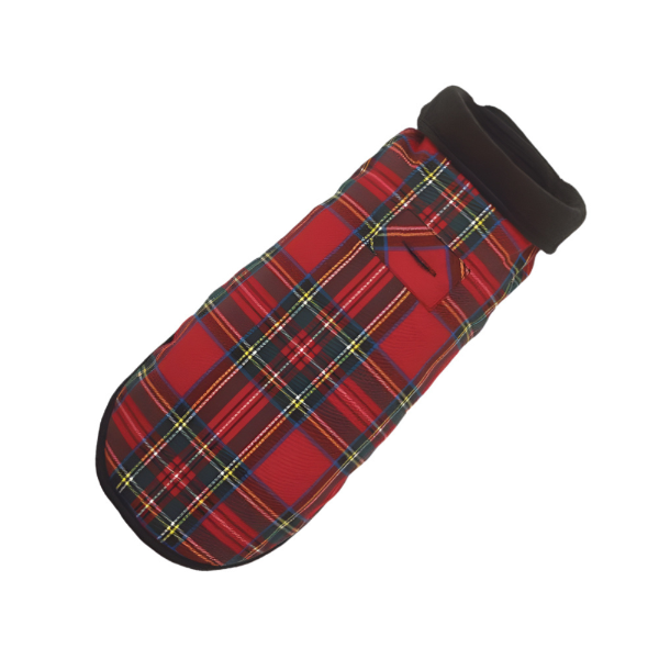 A red plaid, fleece-lined dog coat.
