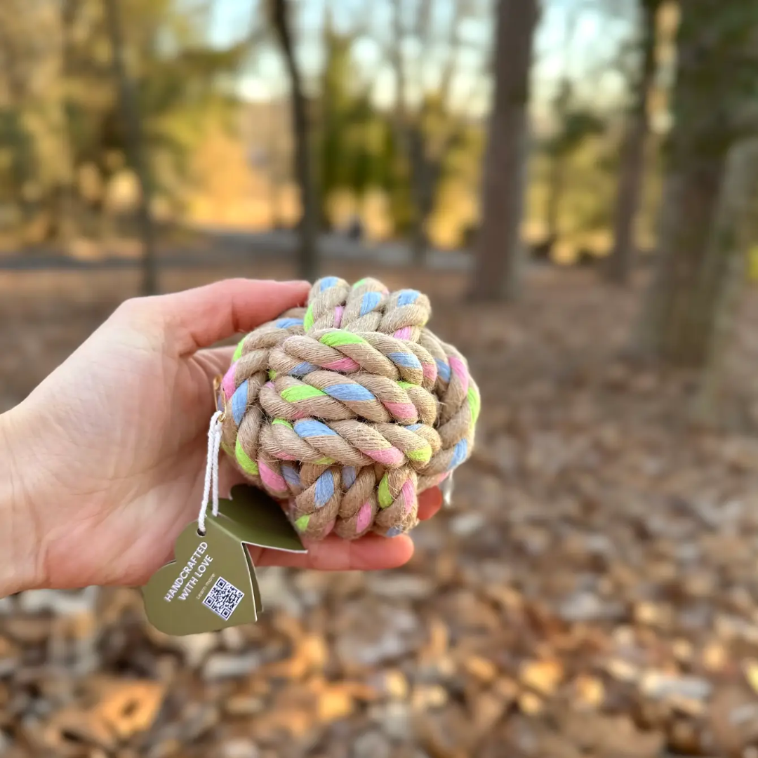 Monli Handcrafted Pet Toys - Rainbow Hemp Knot Ball | Nature Hemp | Recycled Cotton | Eco