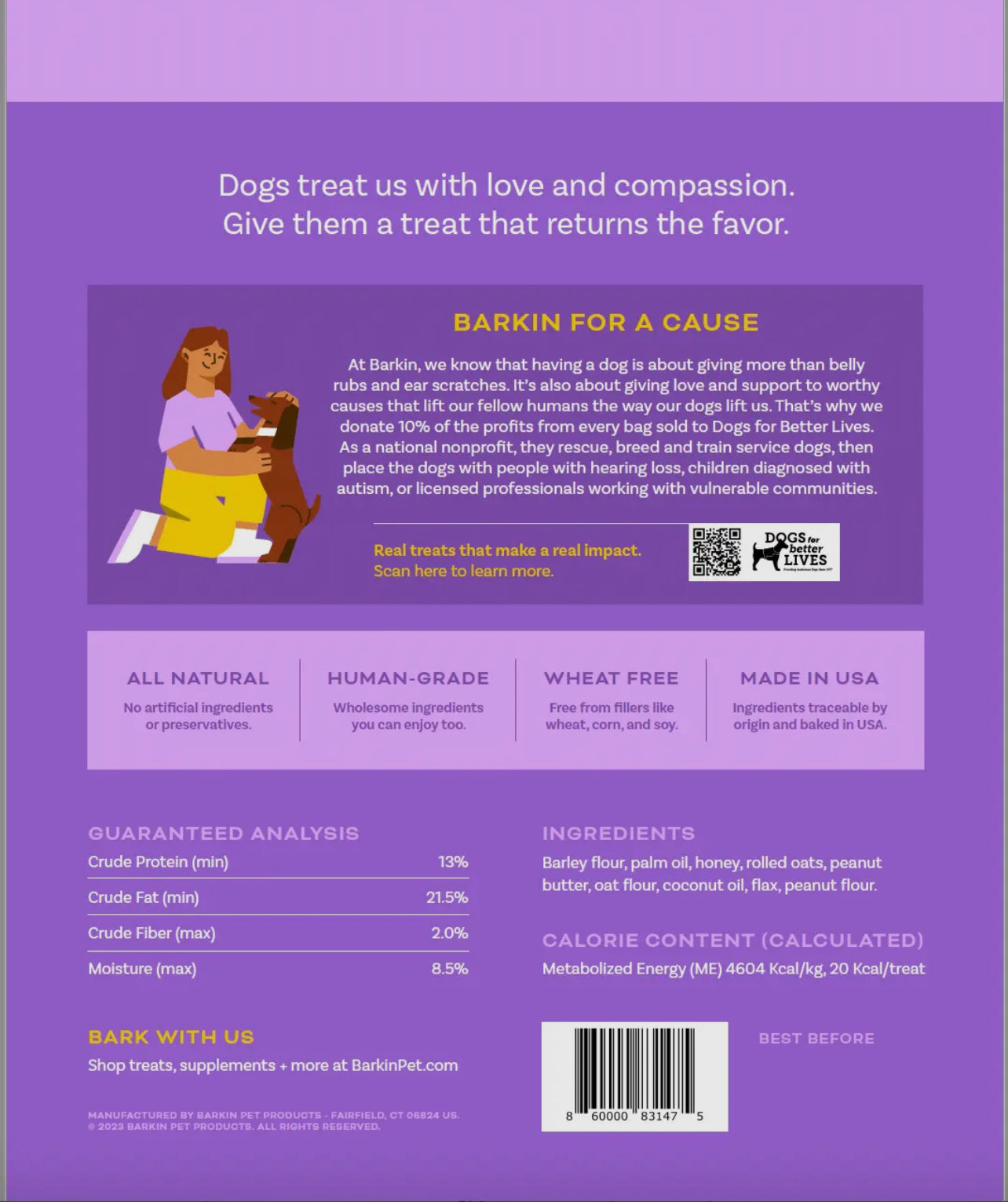 Barkin' dog treats information card.