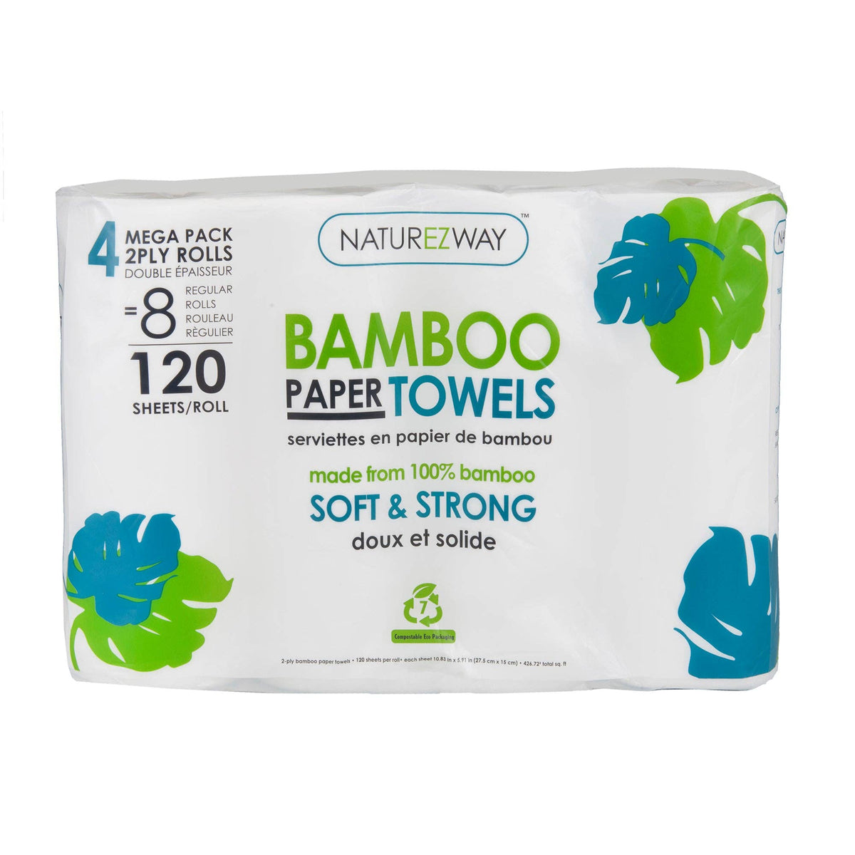 NatureZway - Bamboo Paper Towels 2-Ply | 120 Sheets/Roll | 32 Pack