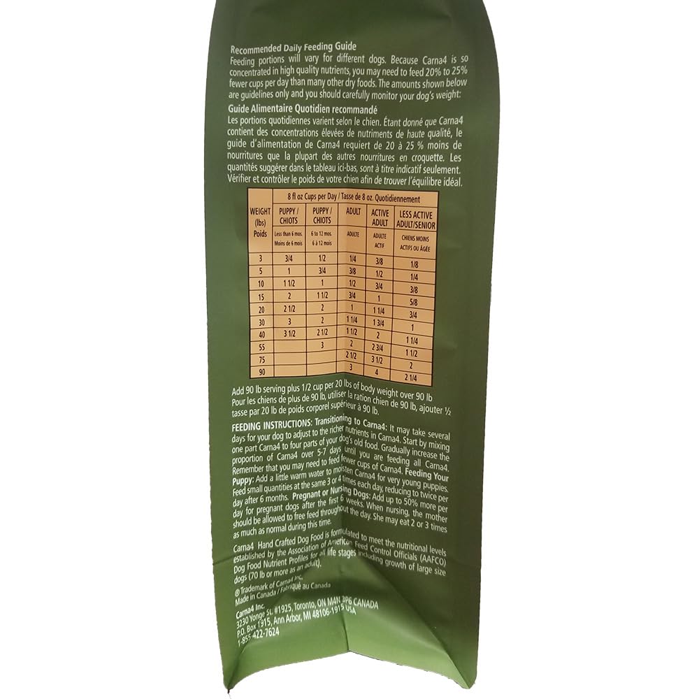 Side panel of a gold bag of Carna4's dry dog food showing feeding instructions.