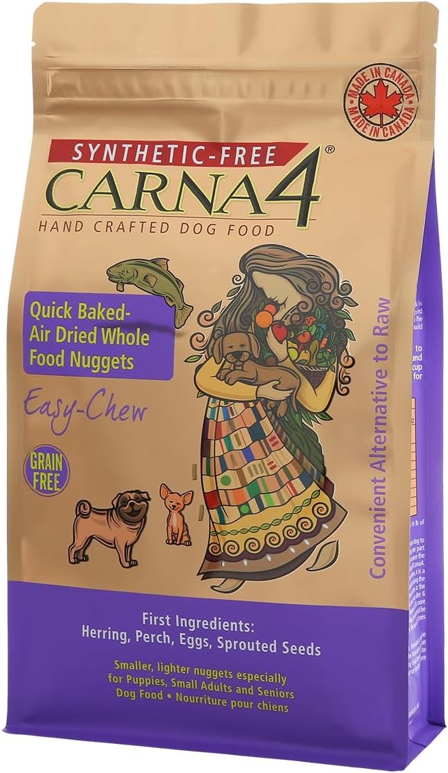 A purple and gold bag of Carna4's dry dog food made with real fish meat.