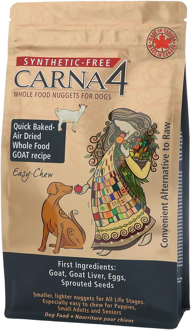 A green and gold bag of Carna4's dry dog food made with fresh goat meat.