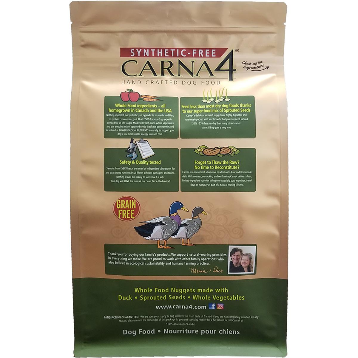 Back of a bag of Carna4 dry dog food containing information on the product.