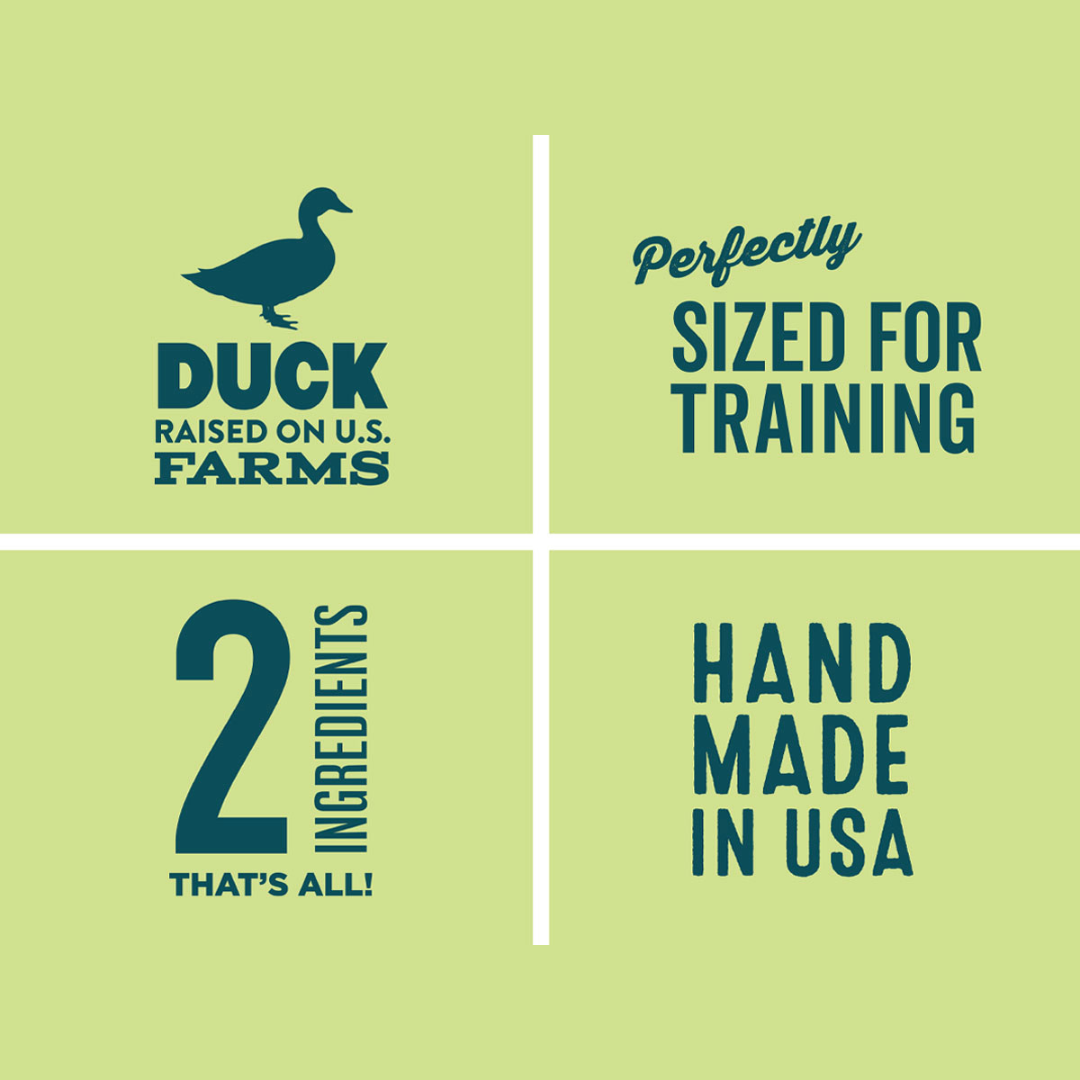 Green background with text and duck icon about duck dog training treats.